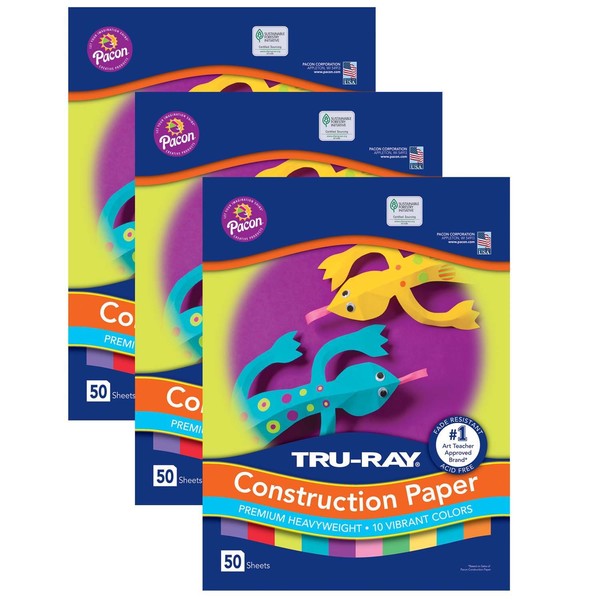 Tru-Ray Construction Paper, 10 Vibrant Colors, 12x18, 50 Sheets, PK3 P102941